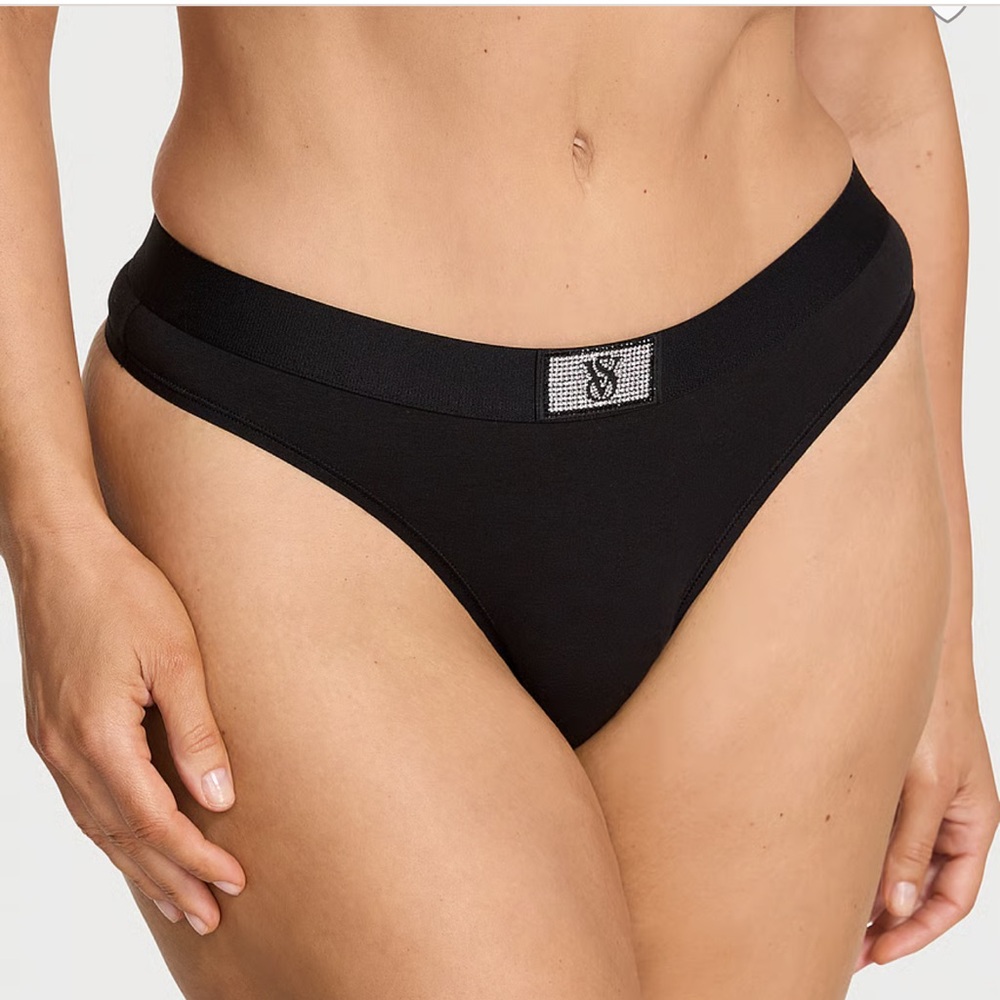 Victoria Secret Black Cotton Bling Logo Patch Thong Panties